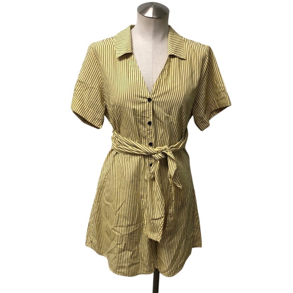 Nation LTD Shirt Dress Womens S Yellow Striped Pima Cotton Mini Tie Waist